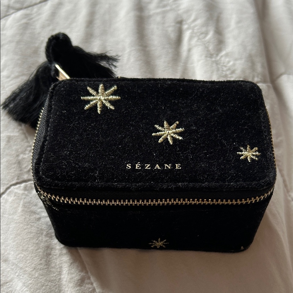 Sezane Black Velvet Bag with Gold Embroidery